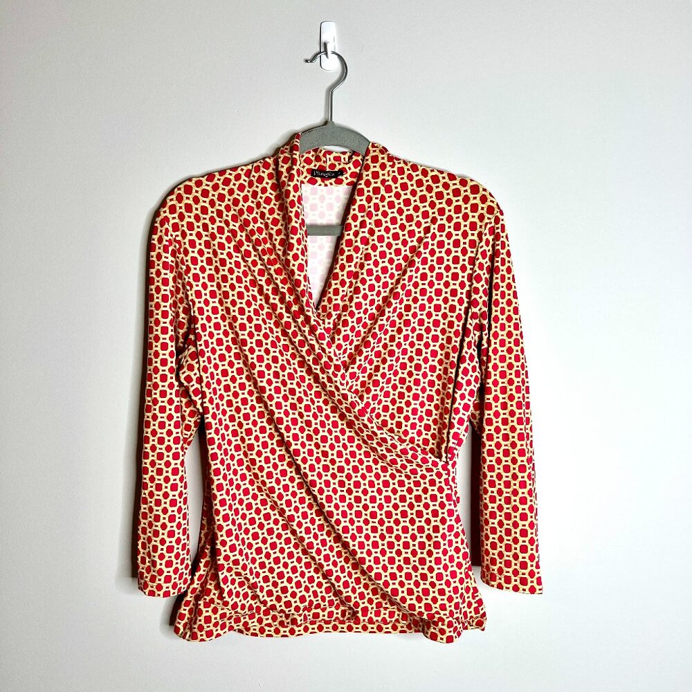 J. McLaughlin Catalina Cloth Faux Wrap Top Gold Chain Geometric Print Sz Medium